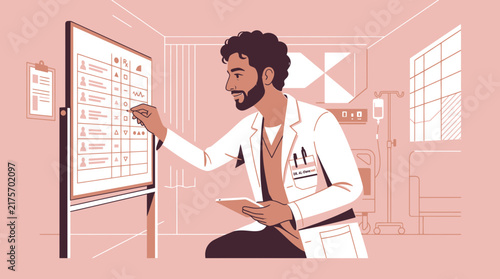 Doctor reviewing patient chart on digital display in hospital room