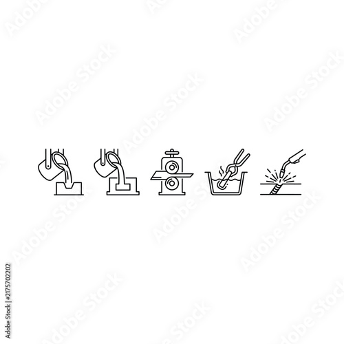 A collection of black line icons illustrating various stages of metal production including molten pouring rolling mill cooling and arc welding techniques for industrial manufacturing.