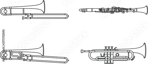 Foto Brass and woodwind instruments vector icon set trombone trumpet clarinet line art black isolated white background layout design