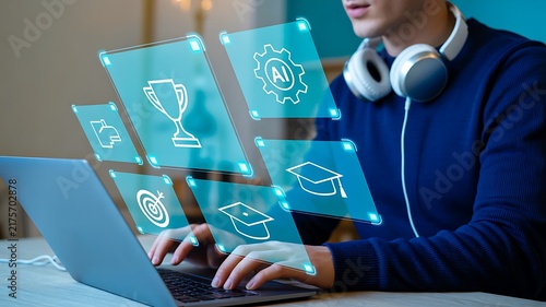 Young student using laptop with digital education technology icons
