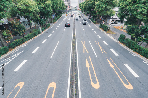 Obraz na płótnie High-angle view of a multi-lane city highway avenue with driving cars
