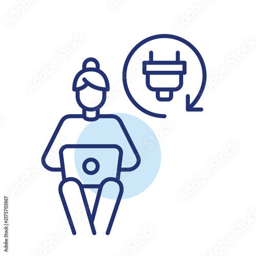 Instant workflow acceleration, rapid remote productivity, seamless digital transformation. Woman working at laptop and plug in renew arrow. Pixel perfect, editable stroke vector icon