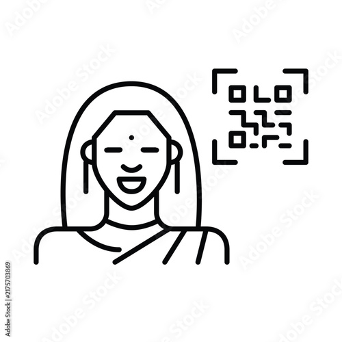 Qr code and Indian woman Scan to verify identity, digital profile, remote access. Pixel perfect, editable stroke vector icon