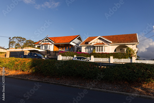 Streetscape of modern suburban homes basking in late-afternoon sunlight