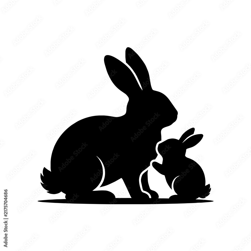 Obraz premium Black Silhouette of Adult Rabbit and Baby Bunny