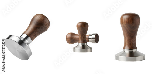 Three wooden and stainless steel coffee tamper tools on transparent background for barista and coffee shop use
