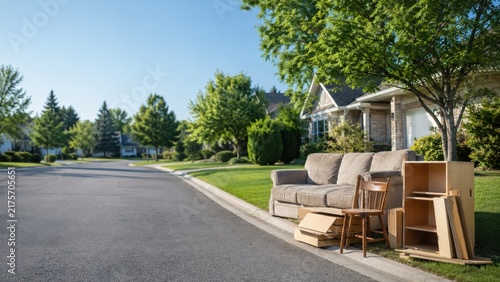 Discarded Household Furniture Ready for Curbside Pickup in Suburban Neighborhood