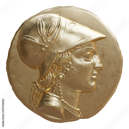 Golden ancient Greek coin depicts helmeted Athena in raised relief, isolated on white transparent