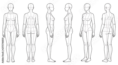 Comprehensive fashion figure sketches demonstrating front, back and side views for clothing design and illustration purposes