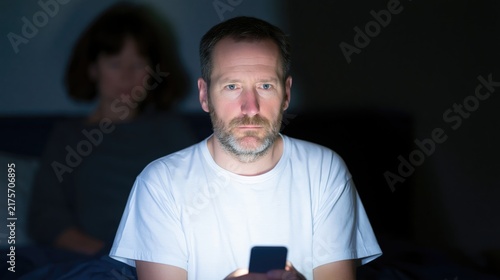 White middle-aged, wrinkled man prefers bedtime scrolling over his wife: he is addicted to gadget, she is upset. Not having regular sex life