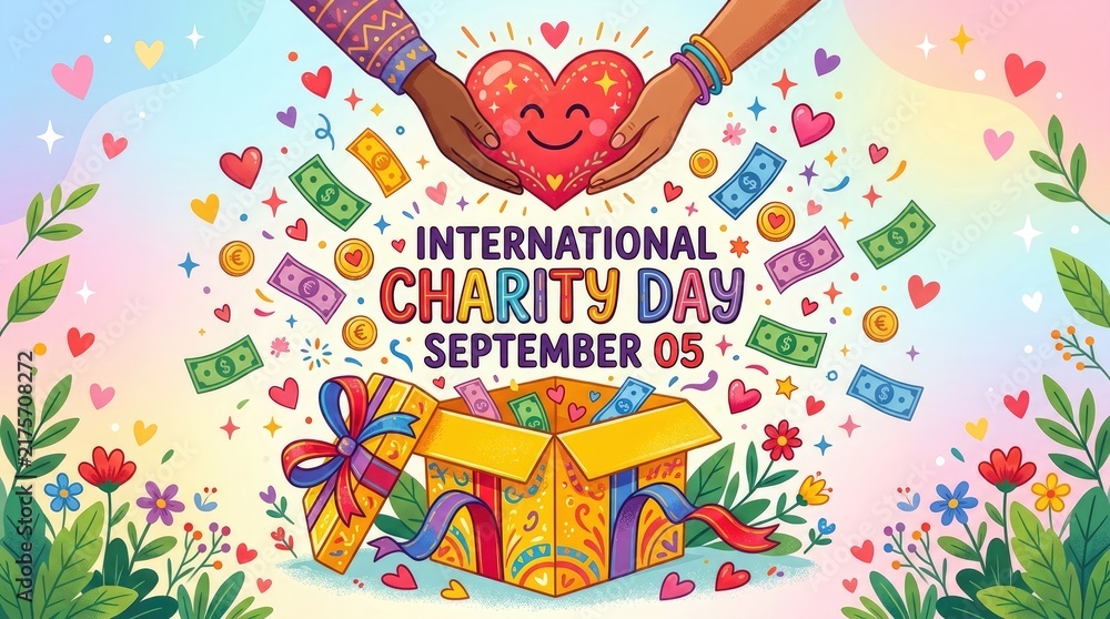 Fototapeta premium International charity day illustration with hands holding a heart and gift box