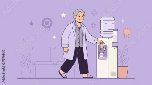 Doctor getting water from dispenser in waiting room, illustration