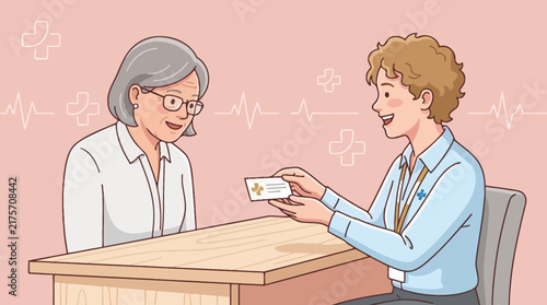 Doctor giving business card to elderly patient in clinic, healthcare consultation