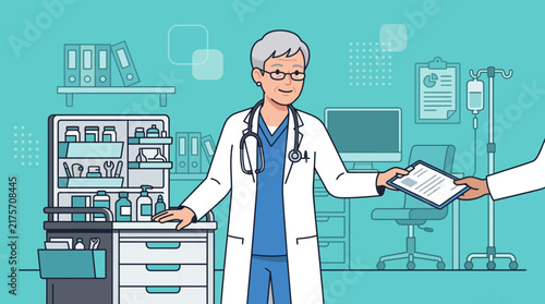 Doctor Giving Medical Document, Healthcare Illustration, Clinic Scene