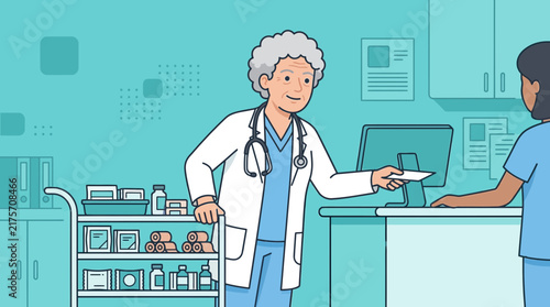 Doctor giving prescription to nurse in clinic, medical illustration