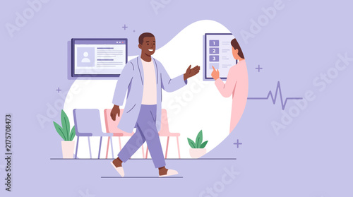 Doctor Greeting Patient in Clinic Waiting Room, Healthcare Consultation