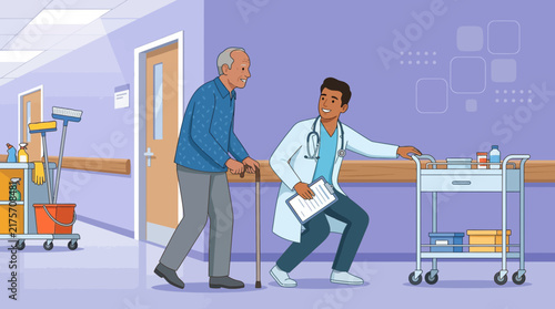 Doctor helping elderly man walk in hospital hallway with medical cart