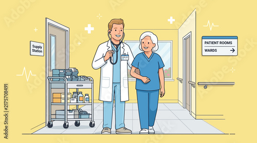 Doctor helping elderly patient walk down hospital corridor with medical cart
