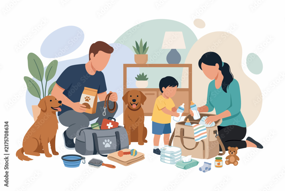 Fototapeta premium Family Packing Emergency Survival Kits with Baby and Pets