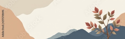 Abstract minimalist landscape with mountains, textured layers, and a leafy branch illustration.