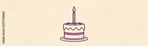 Simple line drawing of a birthday cake with one lit candle on top.