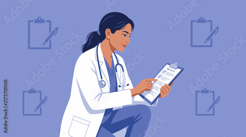 Doctor Holding Clipboard, Medical Records, Healthcare Illustration