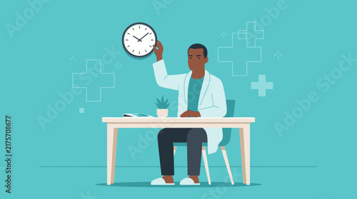 Doctor Holding Clock at Desk, Medical Concept Illustration