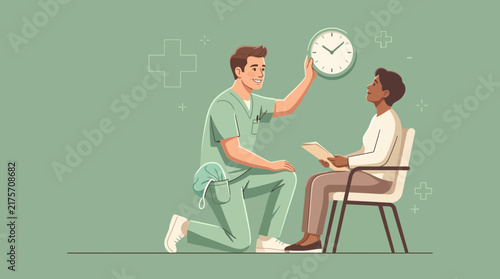 Doctor Holding Clock Over Patient's Head, Medical Time Concept