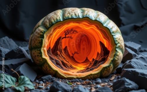 Carved pumpkin art depicting a fiery mountain landscape scene on a rocky surface.