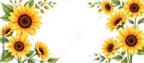 Bright yellow sunflowers with green leaves frame a white background in a decorative floral border.