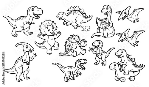 Foto Happy Dinosaur Cartoon Character Black White Vector Coloring Set for Kids
