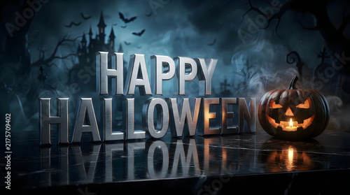 Happy halloween silver text design with a glowing scary pumpkin jack o lantern on a dark background
