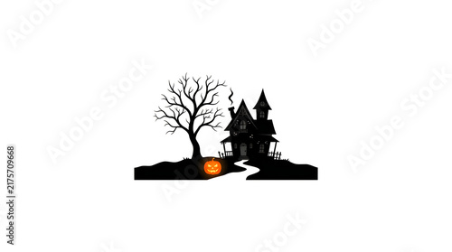 Spooky haunted house silhouette with a glowing jack o lantern pumpkin and a bare tree on a dark hill for a creepy halloween celebration design
