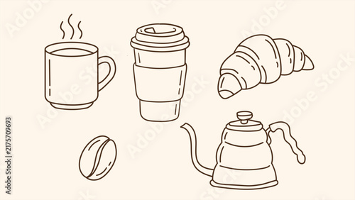 Fotografie Set of coffee related items including a mug, a togo cup, a croissant, a coffee b