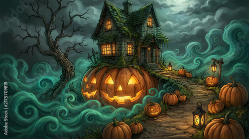 Spooky haunted house with glowing jack o lantern pumpkins in a dark foggy forest at night for halloween