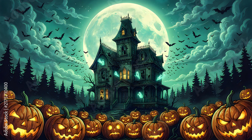 Spooky haunted house with glowing pumpkins and bats under a full moon in a dark forest for halloween