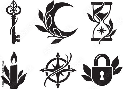 Mystical Botanical Symbol Collection | Key, Crescent Moon, Hourglass, Candle, Compass and Lock Vector Set
