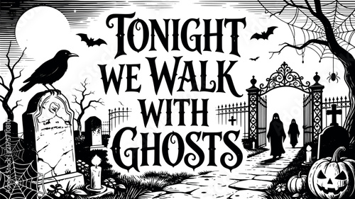 Tonight we walk with ghosts graveyard scene spooky moonlit night with bats and crows for halloween.