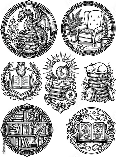 Vintage gothic book library set with dragon reading armchair owl globe clock and rose frame illustrations.