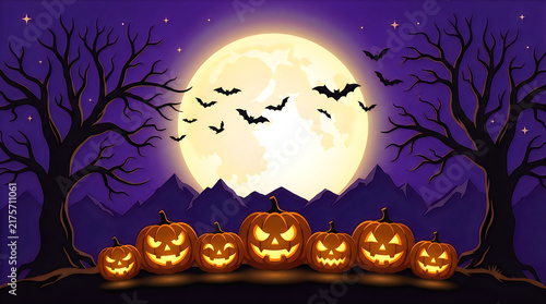 Pixel art halloween background with glowing jack o lantern pumpkins bats and a big full moon in a spooky night forest
