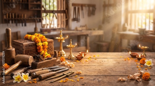 Premium Vishwakarma Puja Carpenter Workshop Background with Traditional Woodworking Tools and Elegant Copy Space