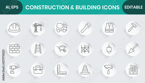 Construction and Building Icons Set, Outline Symbols for Tools Engineering Worker Safety Helmet and Industry in Editable Vector Design