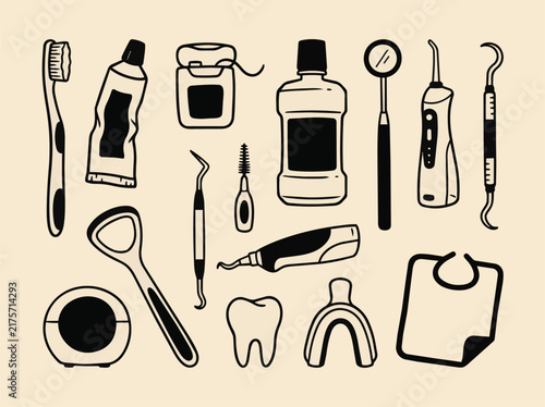 Dental Care Hand Drawn Icon Set with Toothbrush Toothpaste Dentist Tools and Oral Hygiene Products