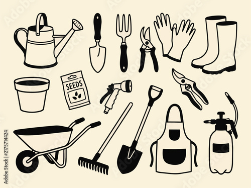 Gardening Tools Hand Drawn Icon Set with Watering Can Shovel Wheelbarrow and Garden Supplies