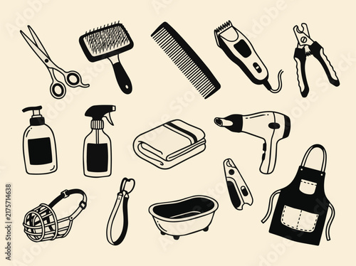 Pet Grooming Hand Drawn Icon Set with Dog Grooming Tools Clippers Brush and Bath Supplies