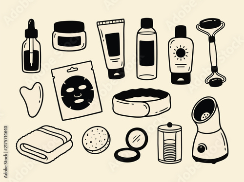 Skincare and Beauty Products Hand Drawn Icon Set with Serum Cream Mask and Cosmetic Tools