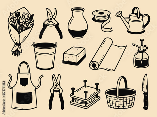 Flower Shop and Florist Hand Drawn Icon Set with Gardening Tools Bouquet and Plant Supplies