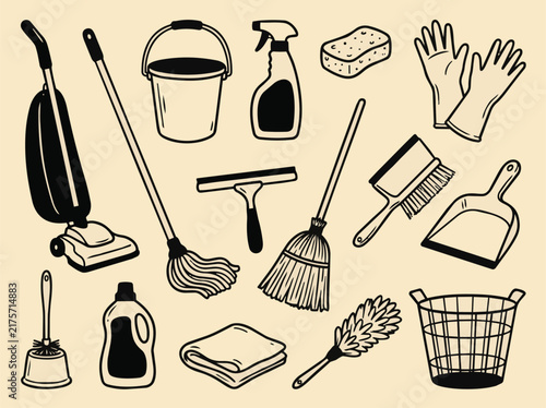 Cleaning Service Hand Drawn Icon Set with Household Cleaning Tools and Supplies