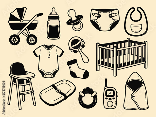 Baby Care and Newborn Essentials Hand Drawn Icon Set with Stroller Bottle Crib and Clothing