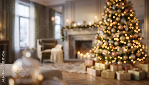 фотографія A beautifully decorated Christmas tree with lights and ornaments stands in a cozy living room, surrounded by wrapped gifts and a warm fireplace ambiance